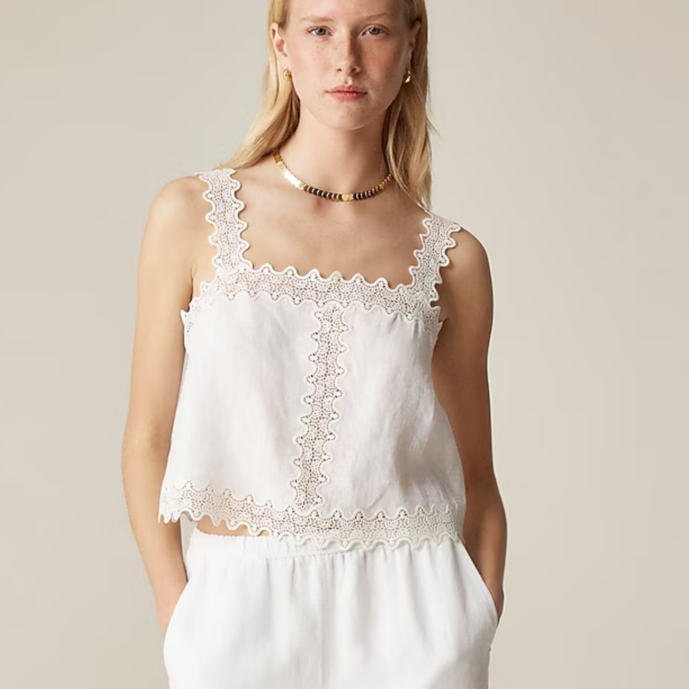 J Crew Lace-trim squareneck tank top in linen